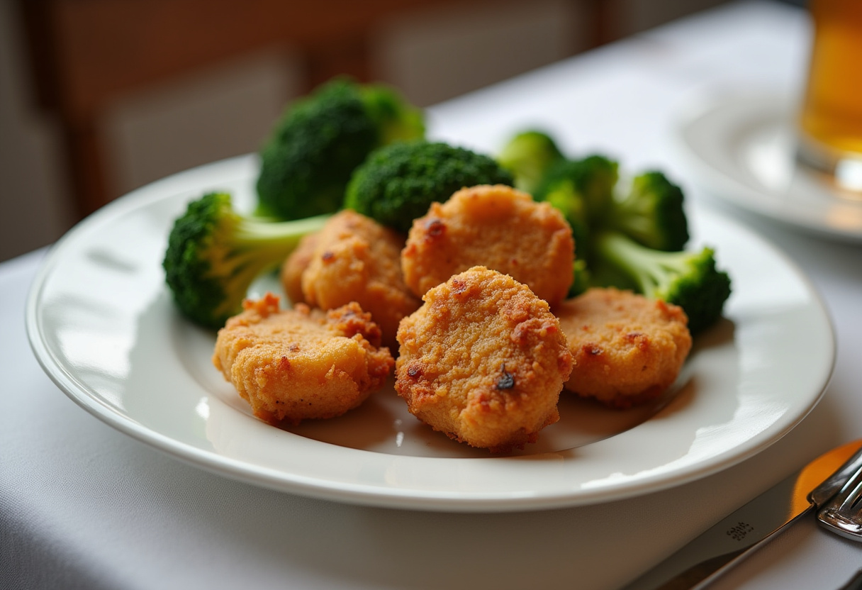 Delicious air fryer chicken bites and broccoli served on a beautiful platter, showcasing a healthy and appetizing meal.