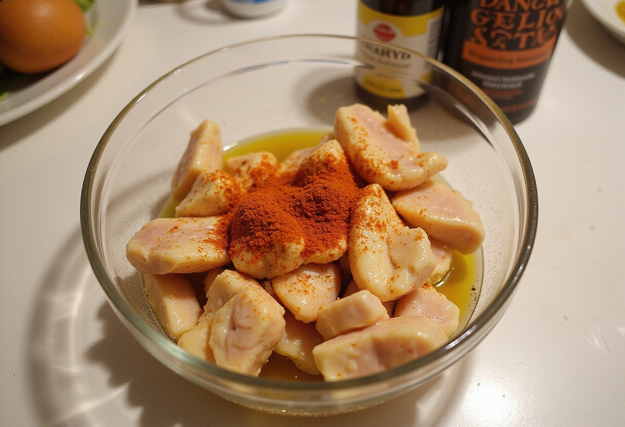 Preparing flavorful marinated chicken bites for air fryer cooking with garlic powder and paprika.