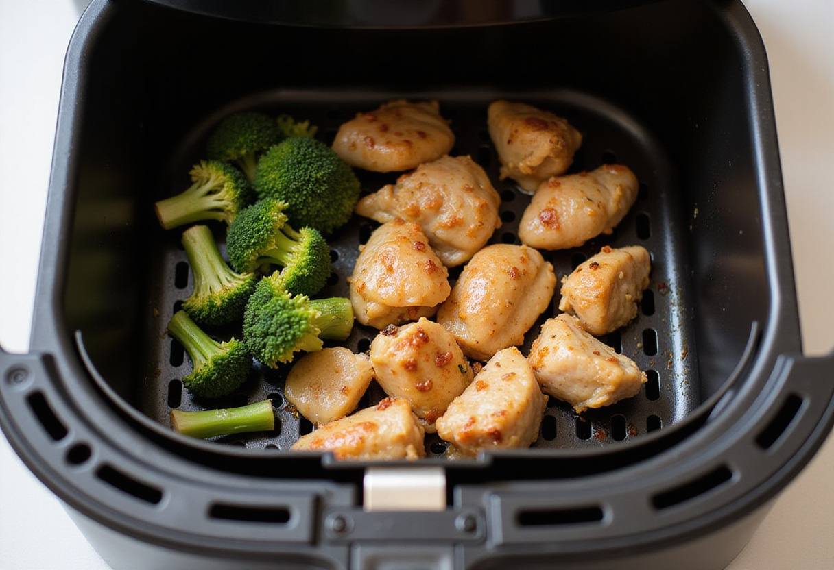 Placing marinated chicken bites and broccoli florets in the air fryer for a healthy cooking experience.