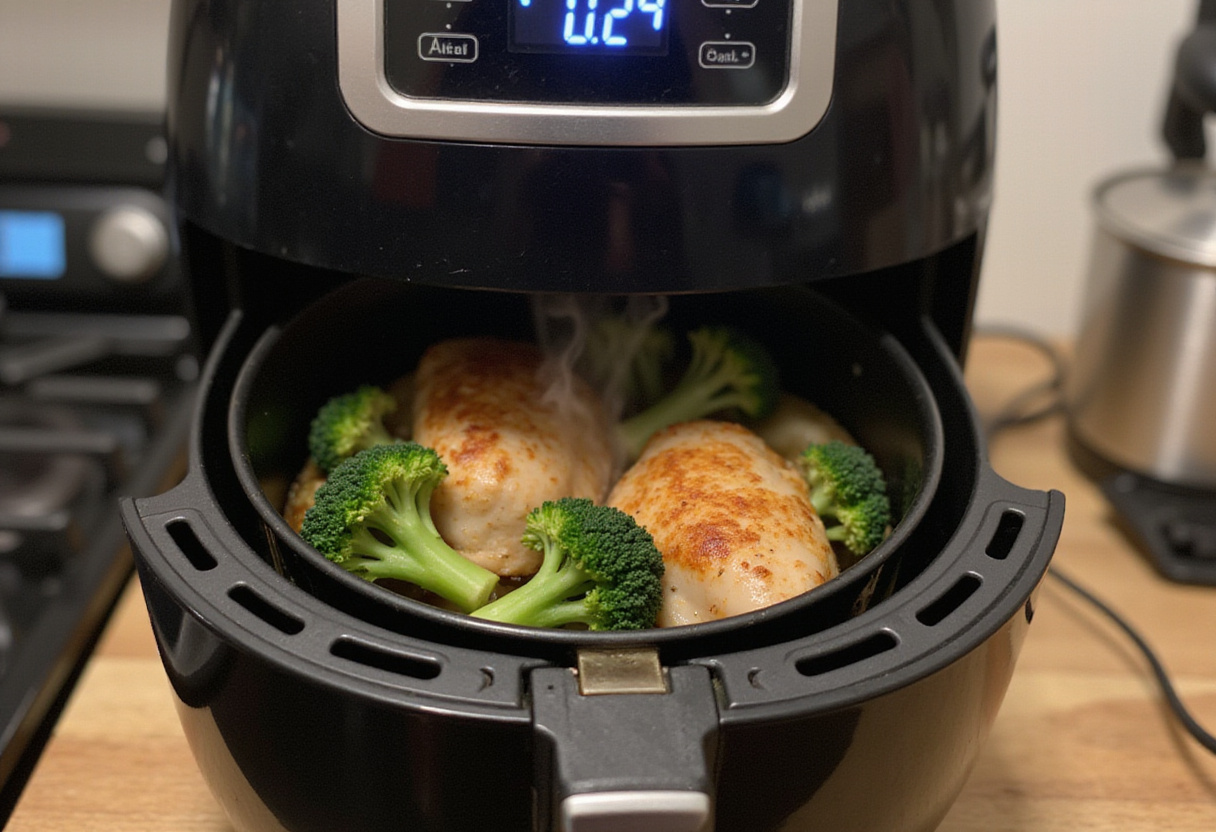 Air frying chicken bites and broccoli for a deliciously crispy finish in a modern kitchen environment.