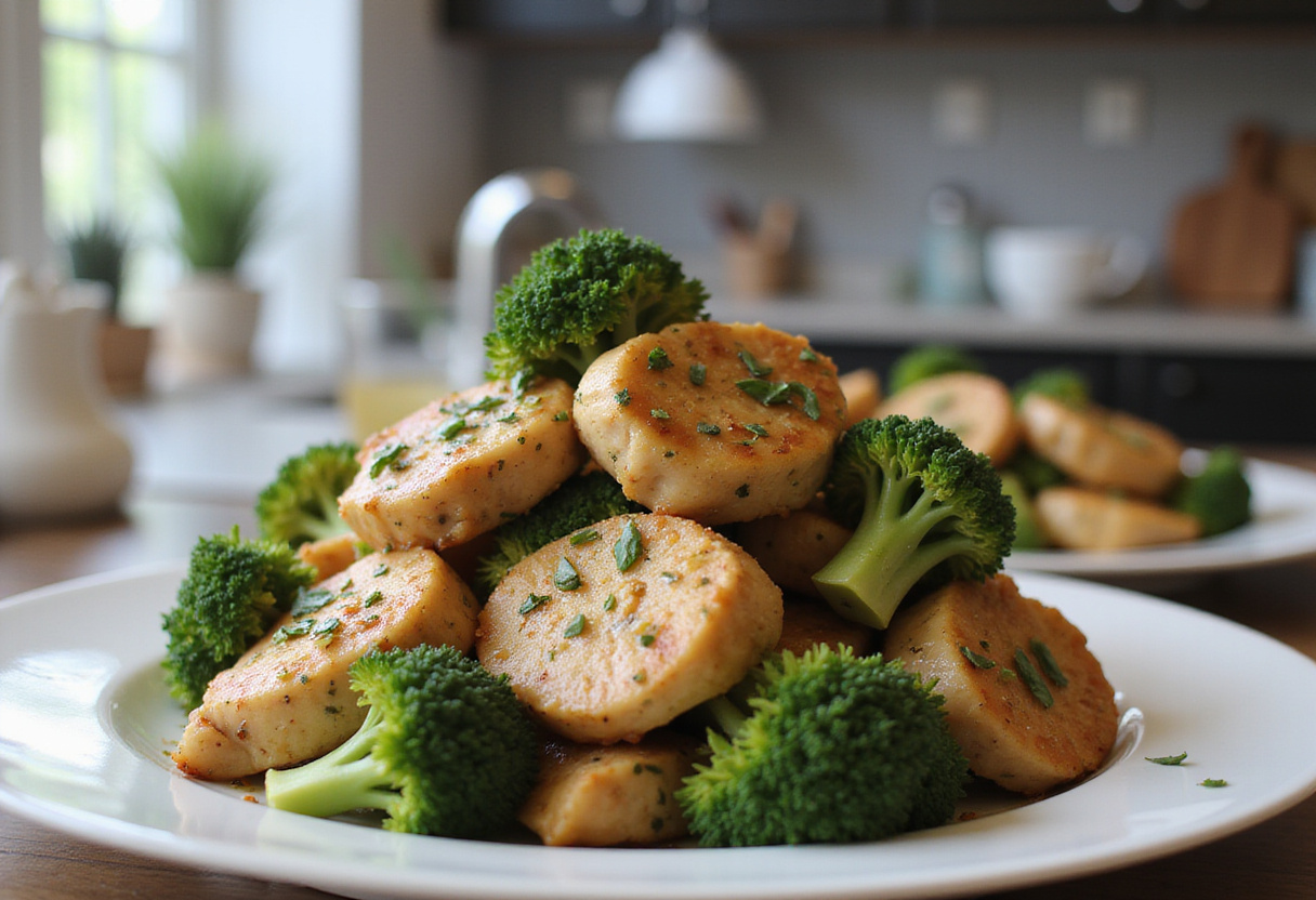 Serving freshly air-fried chicken bites and broccoli garnished with herbs for a delectable meal presentation.
