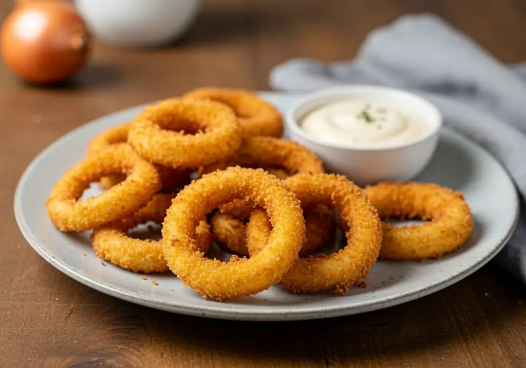 A final presentation of crispy air fryer onion rings, highlighting their texture and perfect fry, an ideal snack for any occasion.