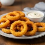 A final presentation of crispy air fryer onion rings, highlighting their texture and perfect fry, an ideal snack for any occasion.