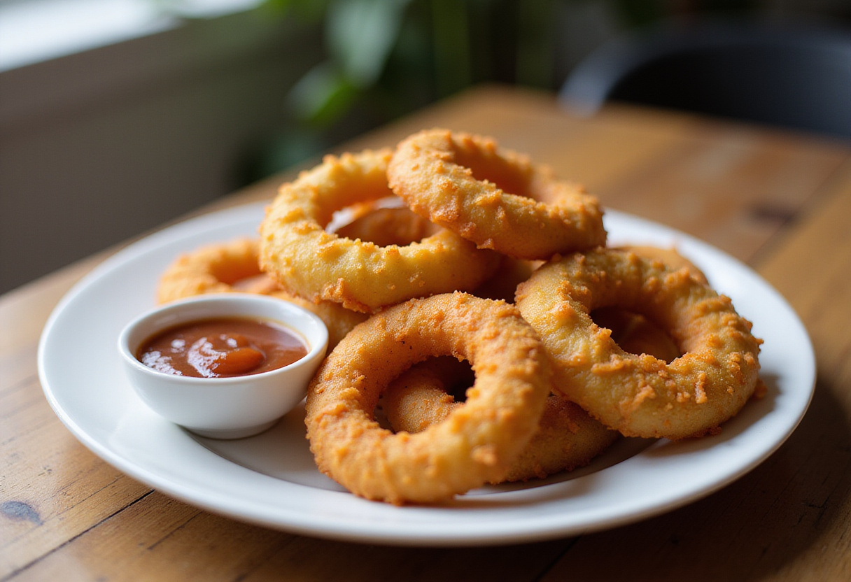 A final presentation of crispy air fryer onion rings, highlighting their texture and perfect fry, an ideal snack for any occasion.