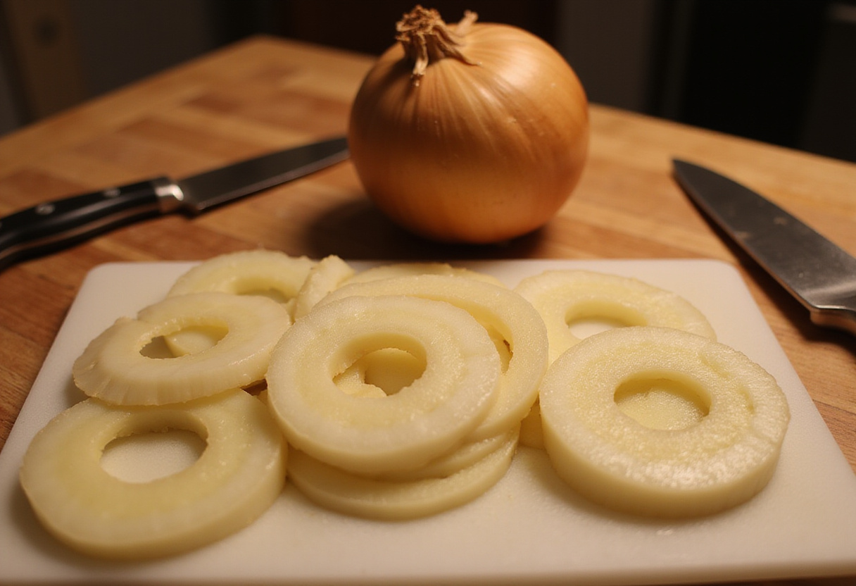 Slicing a large onion into rings for crispy air fryer onion rings recipe, showcasing fresh ingredients and kitchen setup.