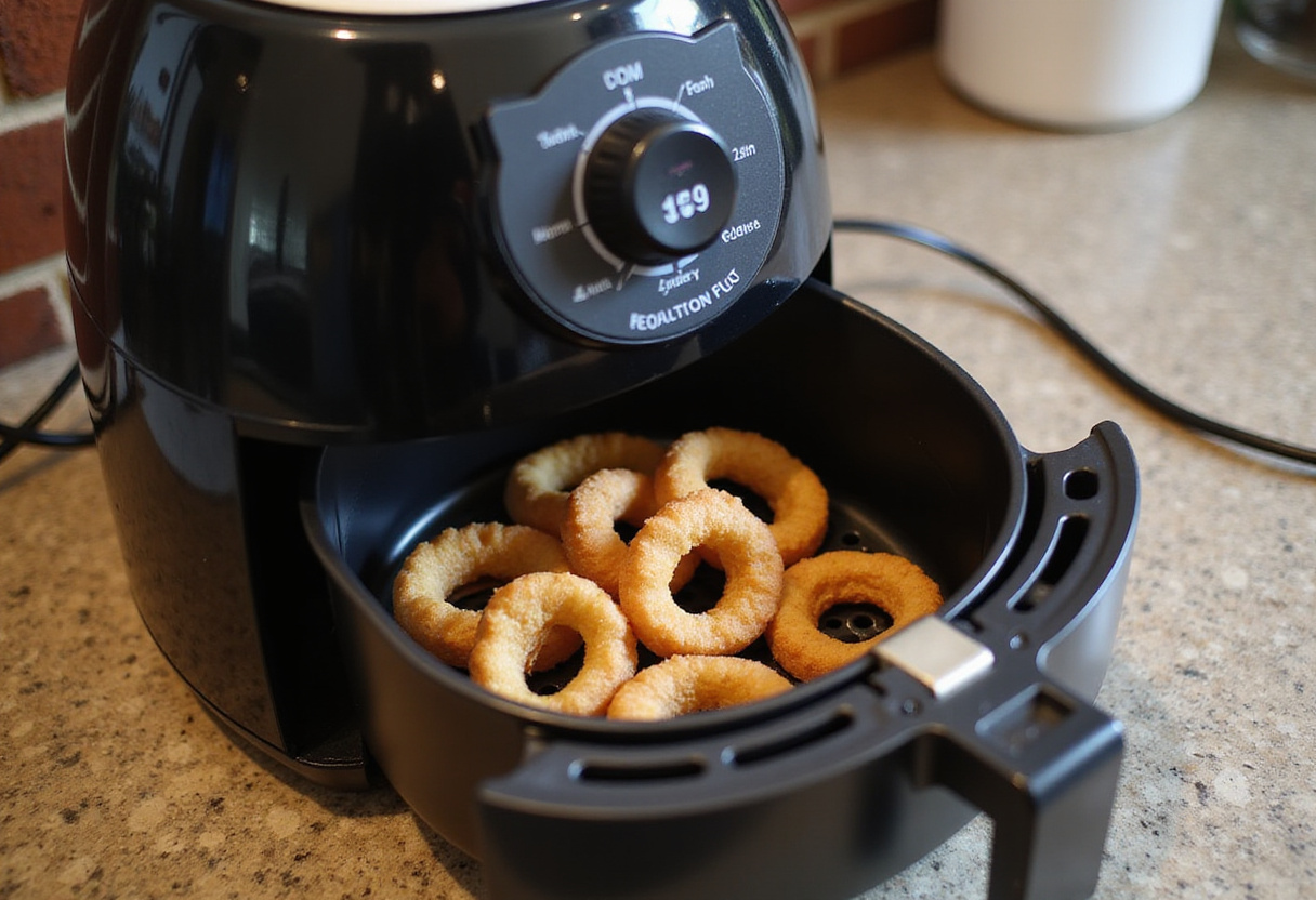 Air frying onion rings in an air fryer, demonstrating the easy and healthy cooking solution for crispy onion rings at home.