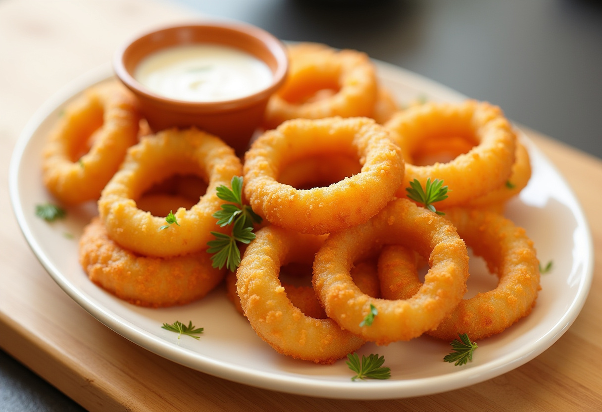 Serving crispy air fryer onion rings with dipping sauce on a bright plate, perfect for appetizers or snacks.