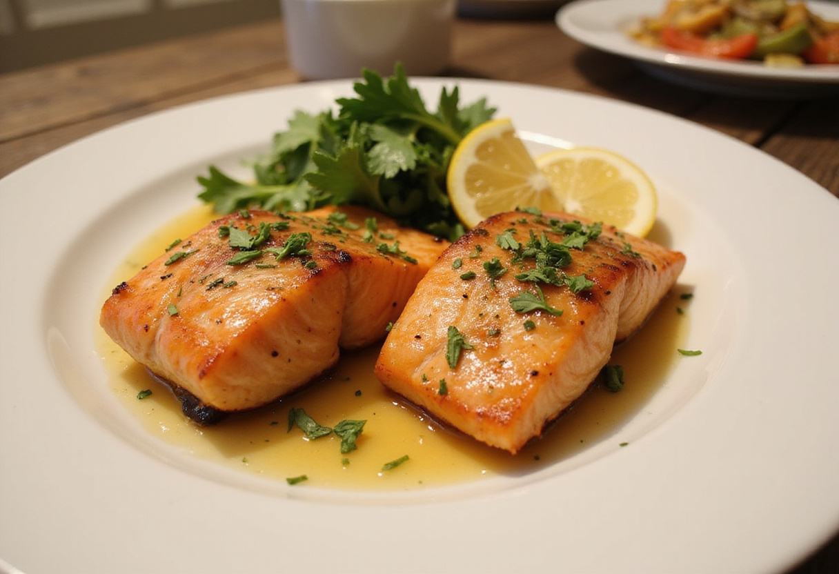 Delicious air-fryer salmon steaks garnished and ready to serve, a healthy and flavorful meal option.
