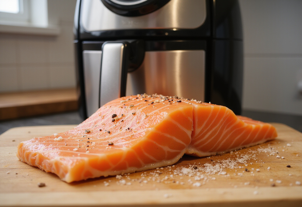 Fresh salmon steak being seasoned for air-fryer cooking, perfect for healthy meals.