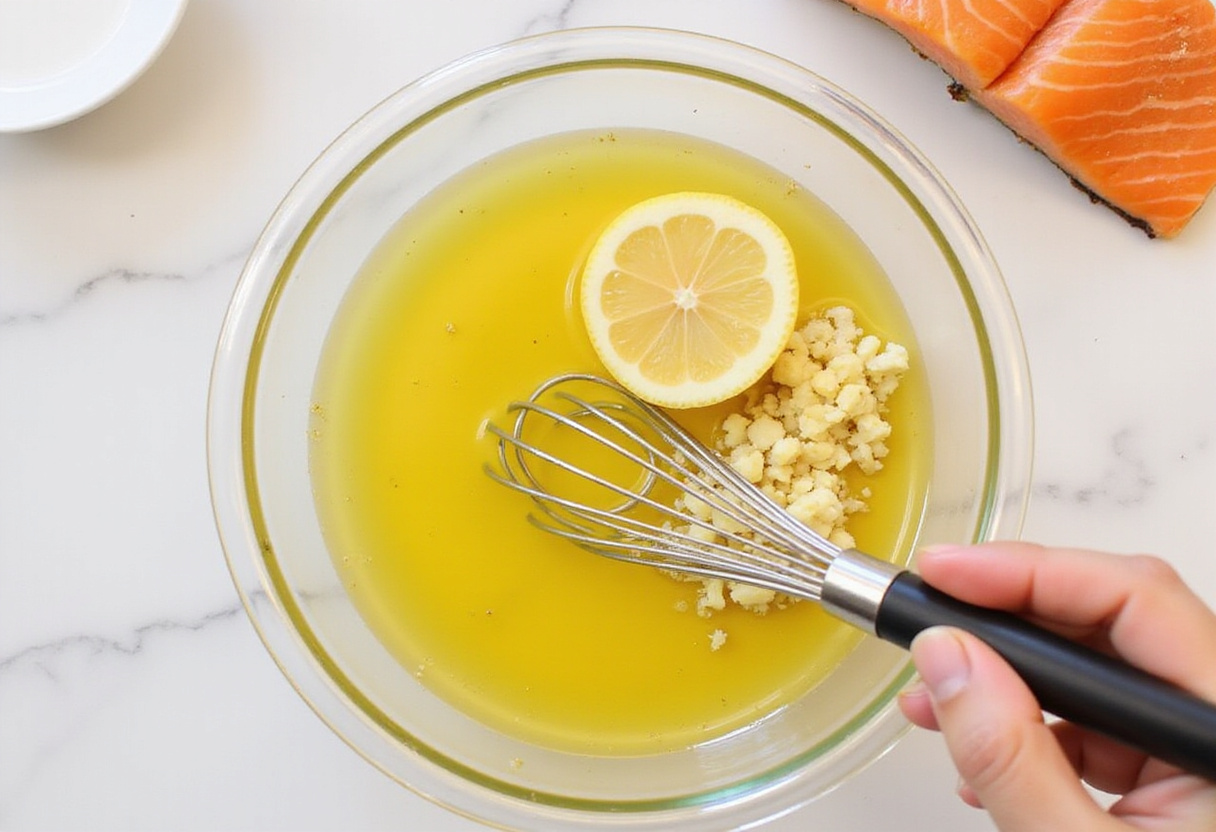 Mixing marinade for salmon steaks, preparing a flavorful dish for the air fryer.