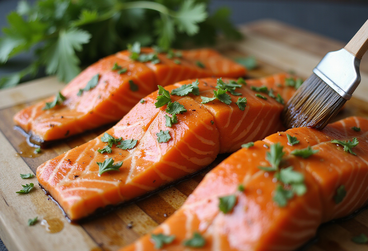 Brushing marinade onto salmon steaks, ensuring the best flavor for air-fried salmon.