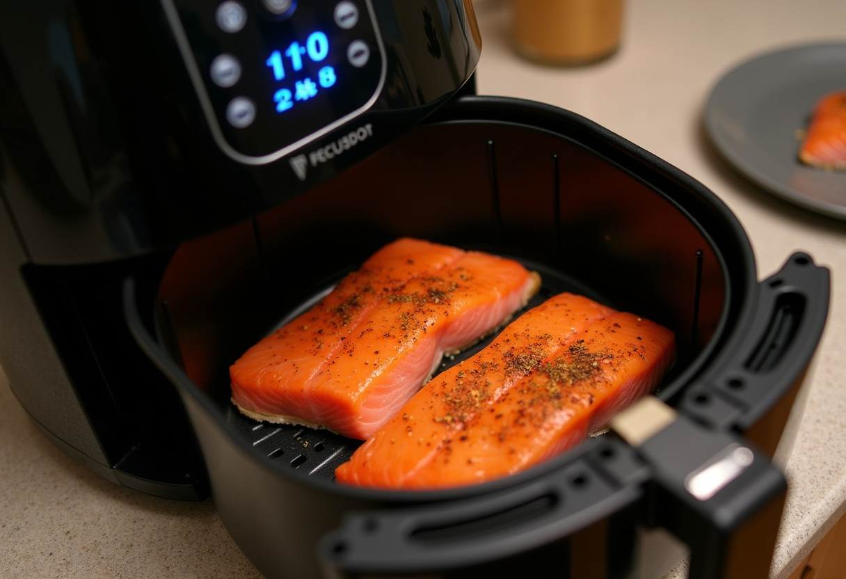 Placing seasoned salmon steaks in an air fryer, ready for a quick and healthy cooking method.