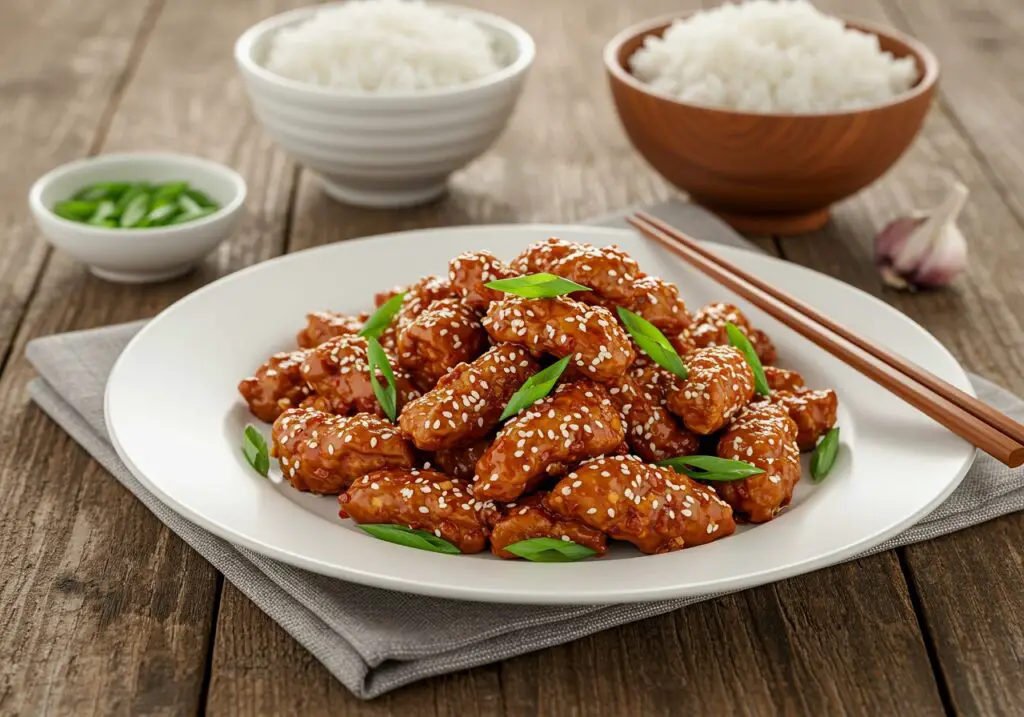 Deliciously plated Spicy Dragon Chicken with vibrant garnish and rice, showcasing a mouth-watering Asian meal ready to be enjoyed.