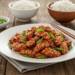 Deliciously plated Spicy Dragon Chicken with vibrant garnish and rice, showcasing a mouth-watering Asian meal ready to be enjoyed.