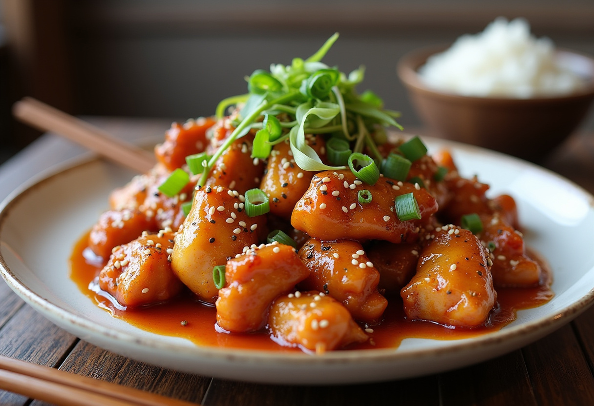 Deliciously plated Spicy Dragon Chicken with vibrant garnish and rice, showcasing a mouth-watering Asian meal ready to be enjoyed.