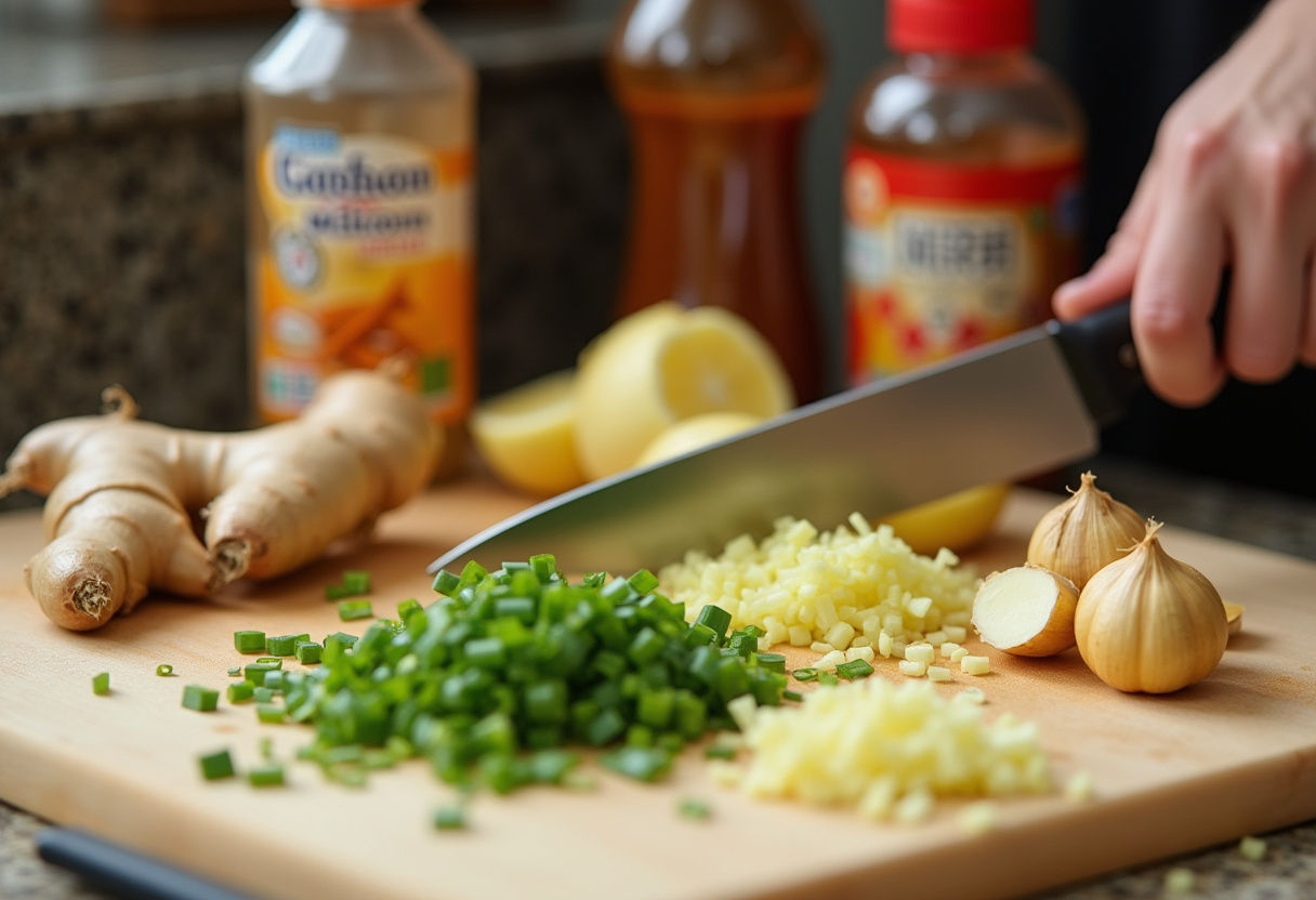 Fresh ingredients for Spicy Dragon Chicken including ginger, garlic, and green onions, showcasing Asian cooking preparation with vibrant colors.