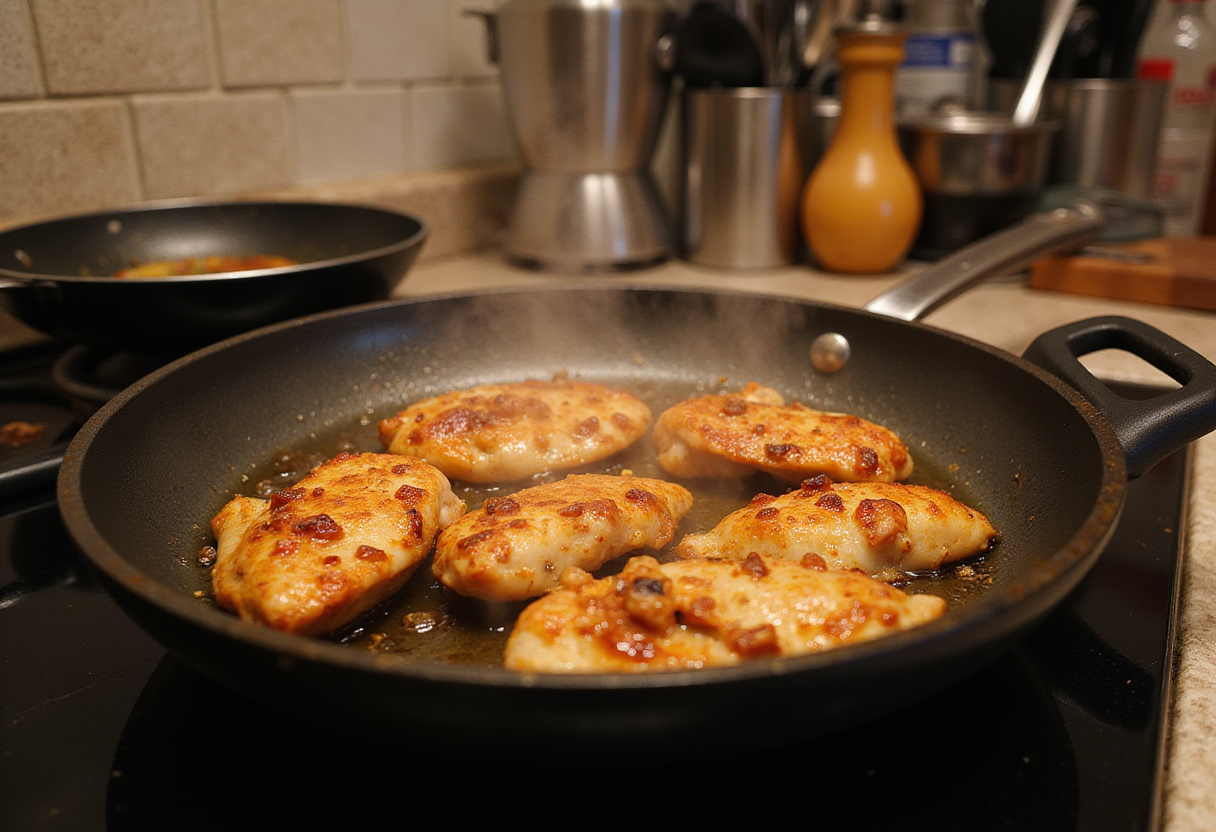 Cooking marinated chicken in a frying pan for Spicy Dragon Chicken, depicting the mouth-watering frying process in a bustling kitchen.