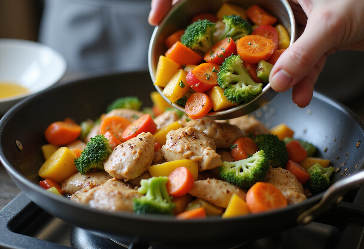 Adding colorful vegetables to Spicy Dragon Chicken, showcasing the vibrant and fresh ingredients in the final stages of cooking this Asian meal.