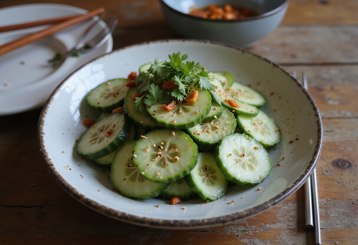 Final presentation of asiatic cucumber salad with chili and sesame, highlighting the freshness and vibrant colors that entice the senses.