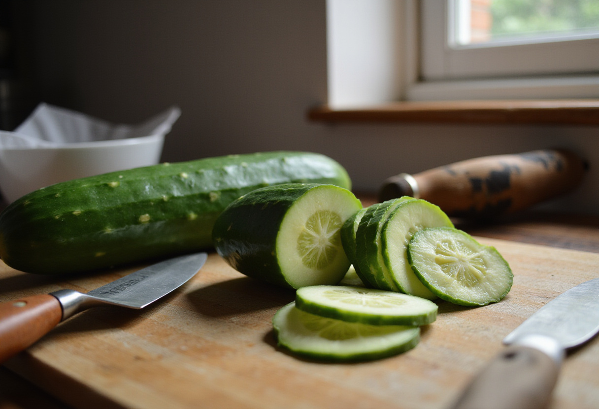 Fresh cucumber being sliced for asiatic cucumber salad with chili and sesame, capturing the preparation process with crisp details.