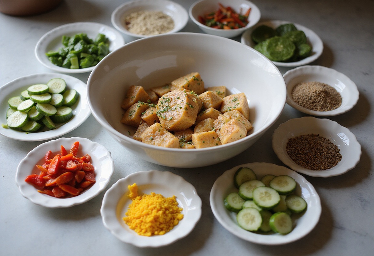 Ingredients for asiatic cucumber salad with chili and sesame arranged attractively, showcasing the vibrant colors and textures before mixing.