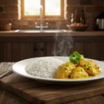 Plated Authentic Brazilian Coconut Chicken served with rice, highlighting the dish's vibrant colors and aromatic spices.
