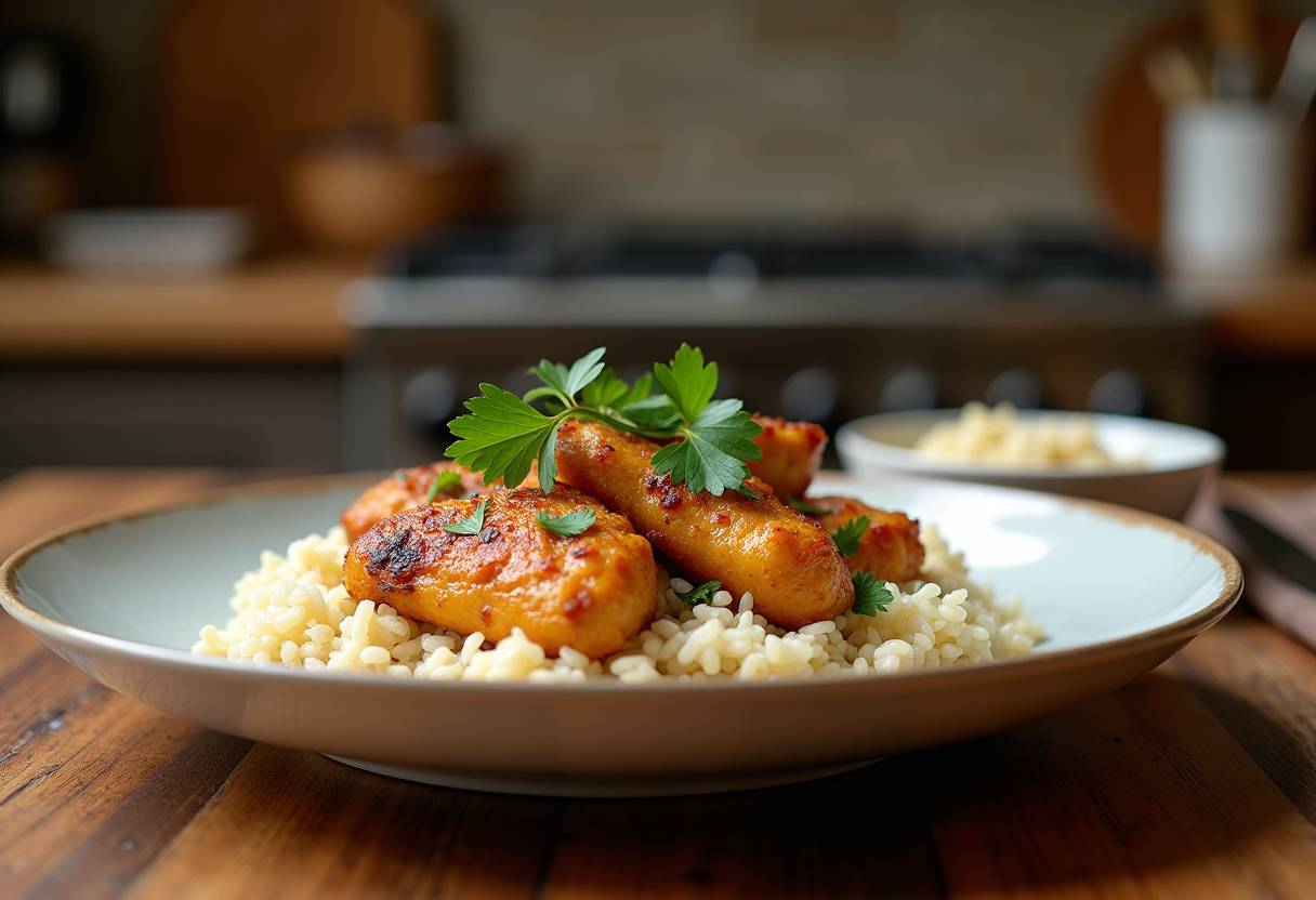 Plated Authentic Brazilian Coconut Chicken served with rice, highlighting the dish's vibrant colors and aromatic spices.