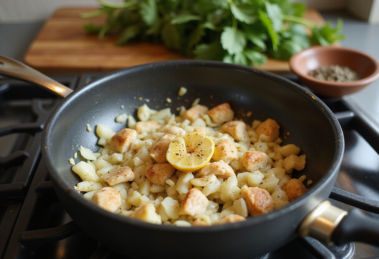 Sautéing onions, garlic, and ginger in a pot for Authentic Brazilian Coconut Chicken, capturing the rich flavors and spices.