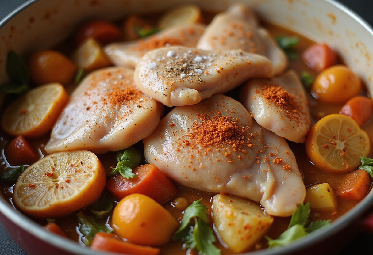 Adding seasoned chicken to the sautéed mixture for Brazilian Coconut Chicken, highlighting the integration of flavors in the cooking process.