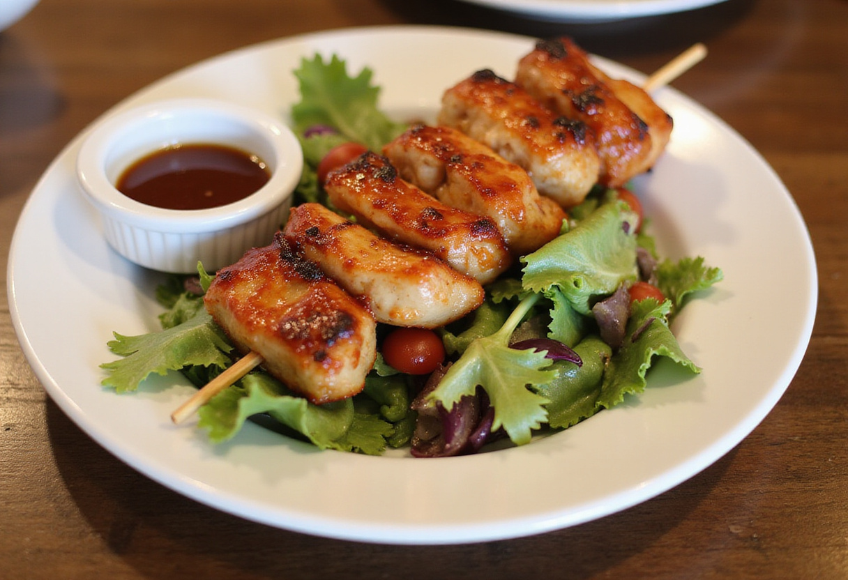 Deliciously presented BBQ chicken skewer salad filled with fresh greens, veggies, and savory chicken skewers for a healthy meal.