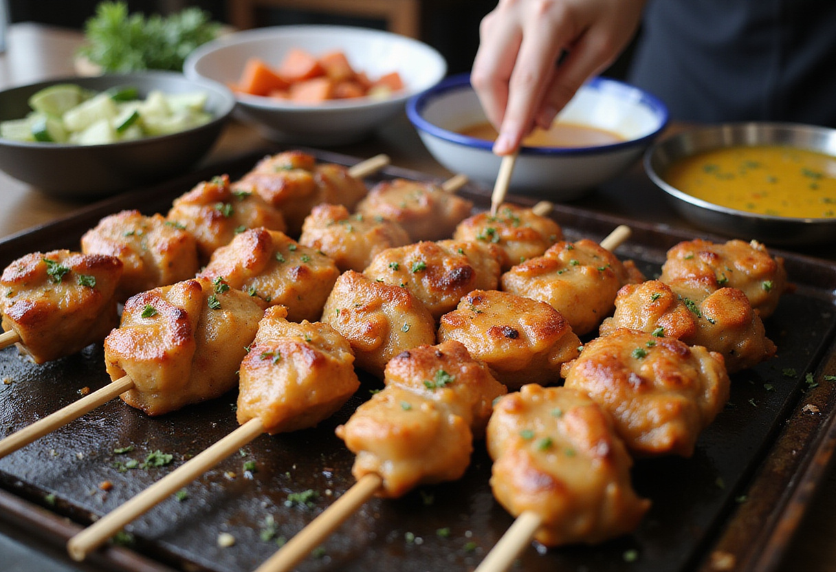 Preparing BBQ chicken skewers for a delicious salad, featuring colorful veggies and sauces in the kitchen.