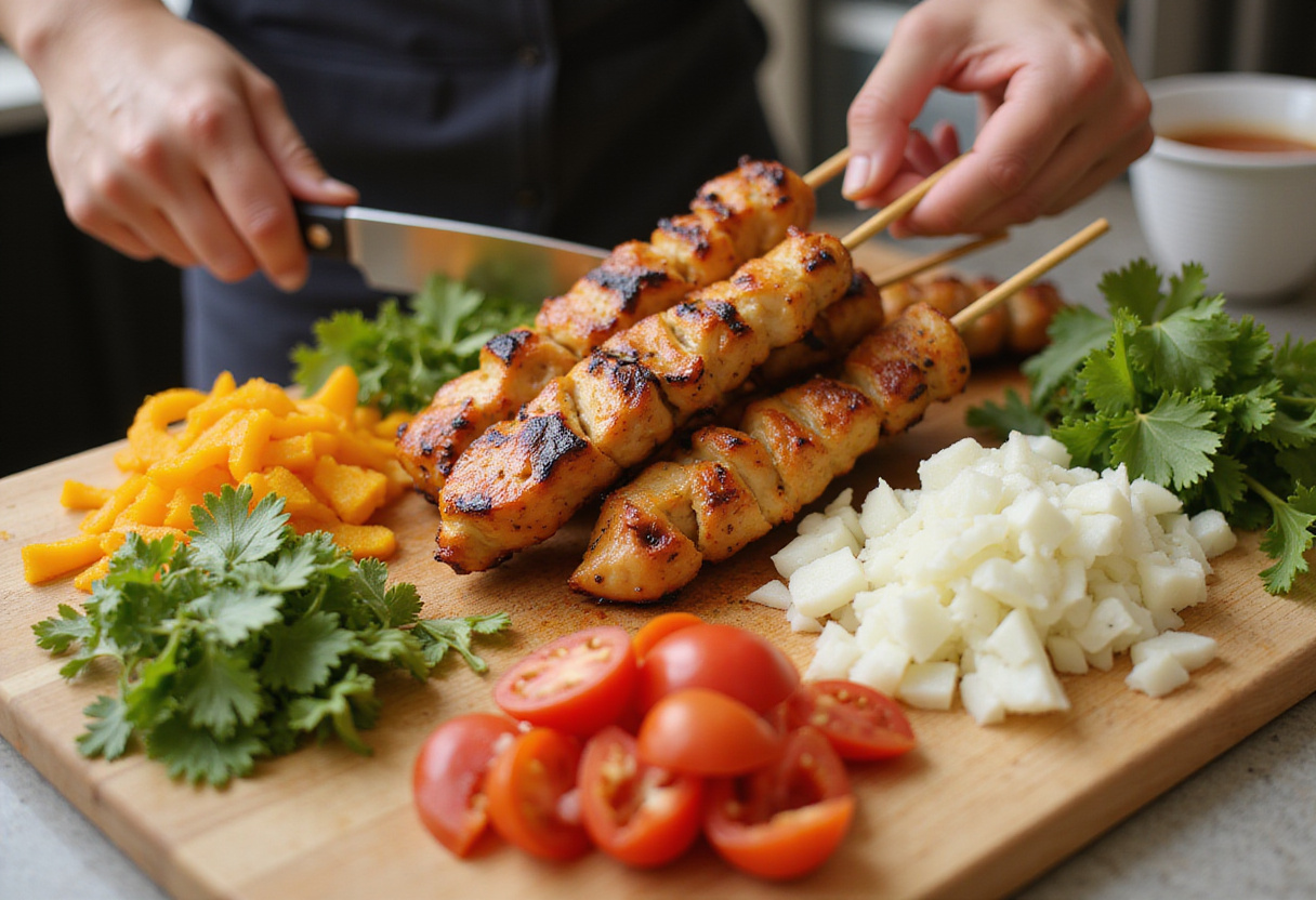 Fresh chopped vegetables for BBQ chicken skewer salad, providing a colorful mix of flavors and textures.