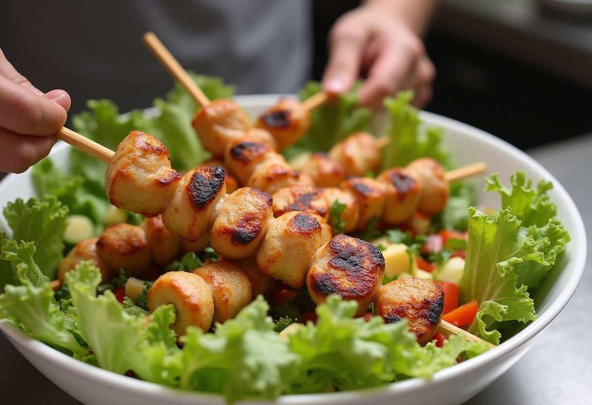 Assembling BBQ chicken skewer salad with layers of greens, vegetables, and grilled chicken for a fresh meal.
