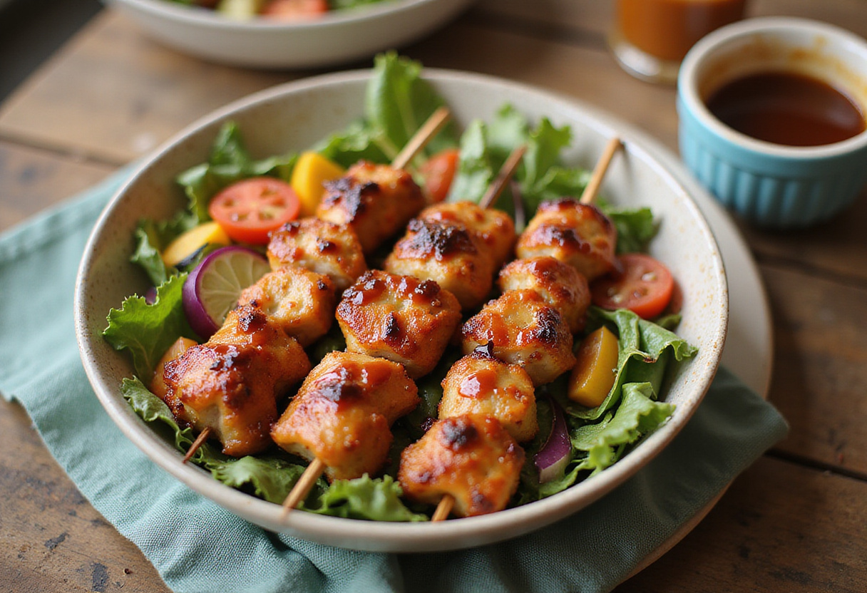 Delicious BBQ Chicken Skewer Salad displayed in a bowl, featuring colorful vegetables, grilled chicken skewers, and a tasty dressing.