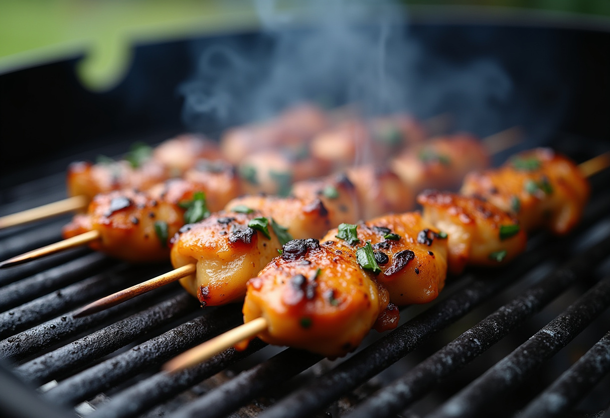 BBQ Chicken Skewer Salad with marinated chicken skewers grilling, fresh herbs, and spices.