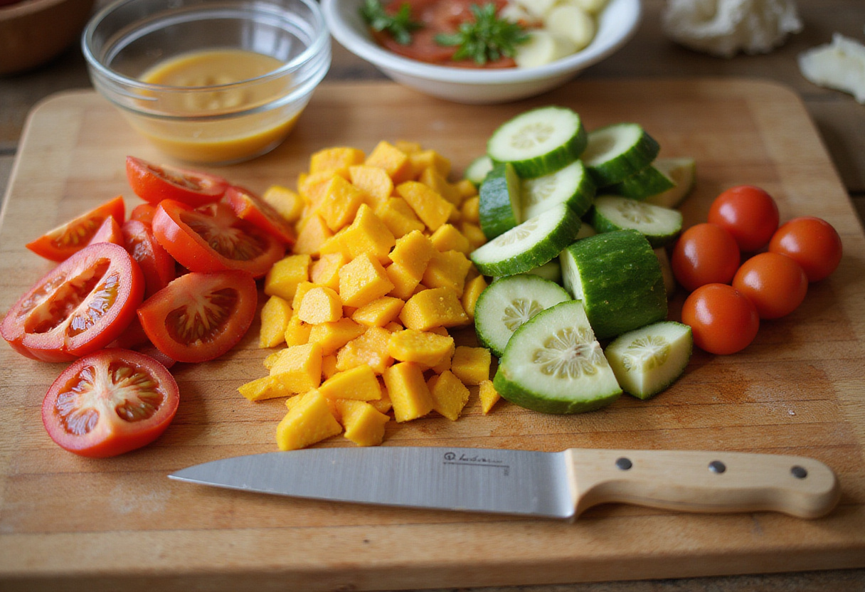 Preparation of fresh vegetables for BBQ Chicken Skewer Salad with vibrant colors and a bowl of dressing.