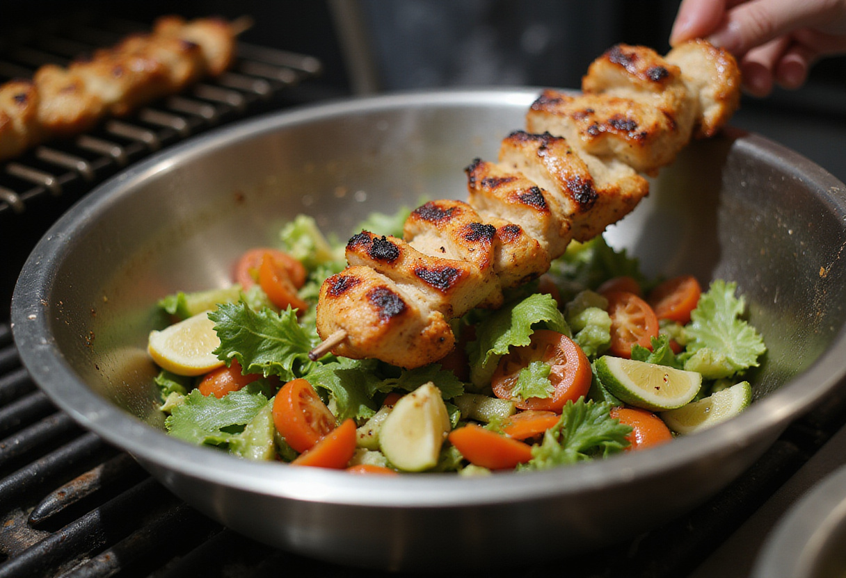 Combining grilled chicken skewers and fresh veggies in a mixing bowl for a delicious BBQ Chicken Skewer Salad.