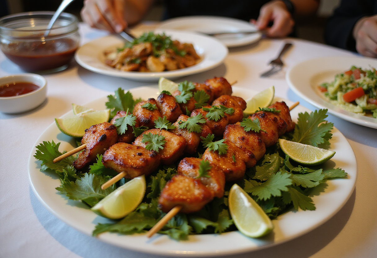 A beautifully presented BBQ Chicken Skewer Salad on a dining table, garnished with lime and cilantro, ready to serve.