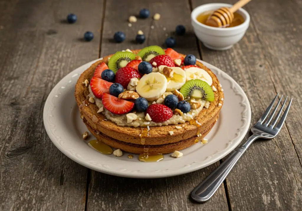 Deliciously presented Baked Protein Pancake Bowl topped with fruits and honey, ideal for a nutritious breakfast, on a rustic wooden table.
