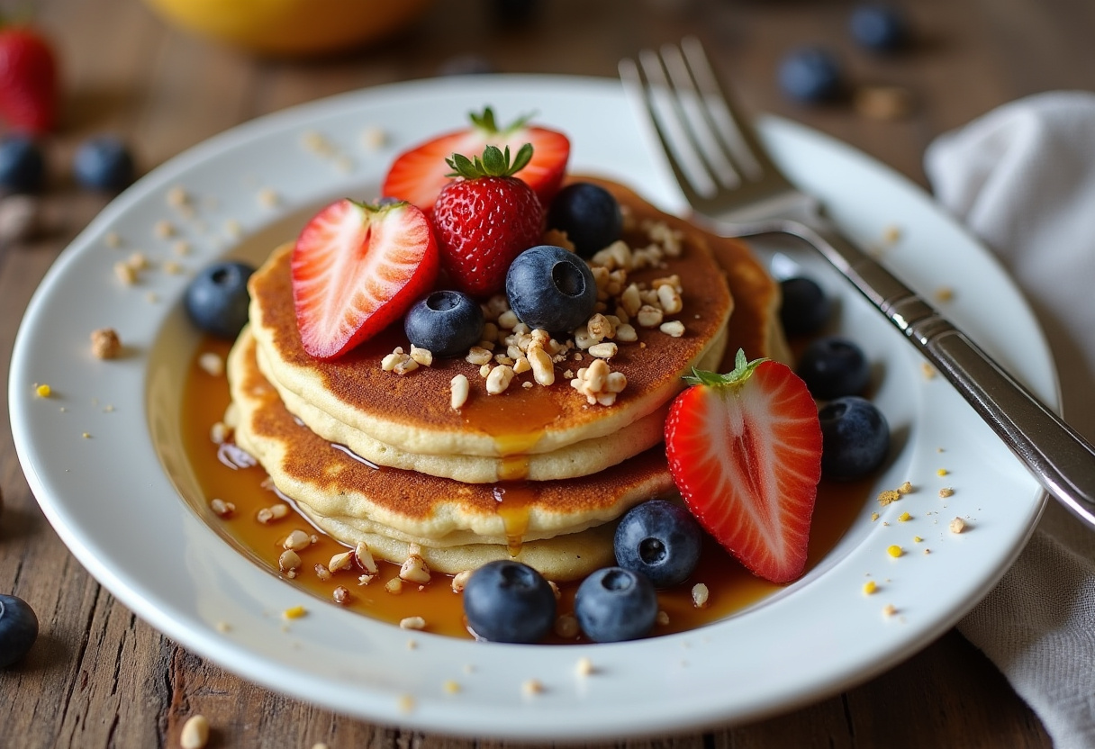 Deliciously presented Baked Protein Pancake Bowl topped with fruits and honey, ideal for a nutritious breakfast, on a rustic wooden table.