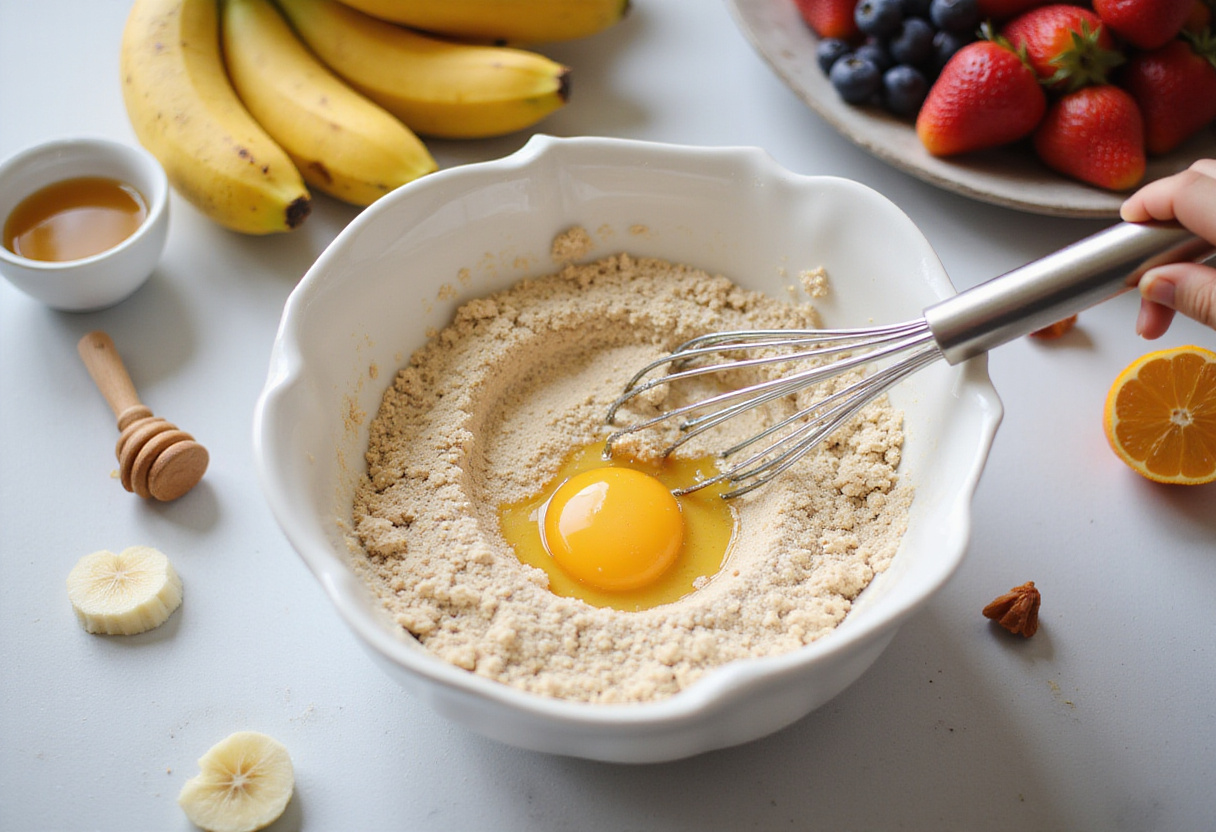 Mixing ingredients for Baked Protein Pancake Bowls including banana, egg, and honey for a healthy treat in a cozy kitchen space.