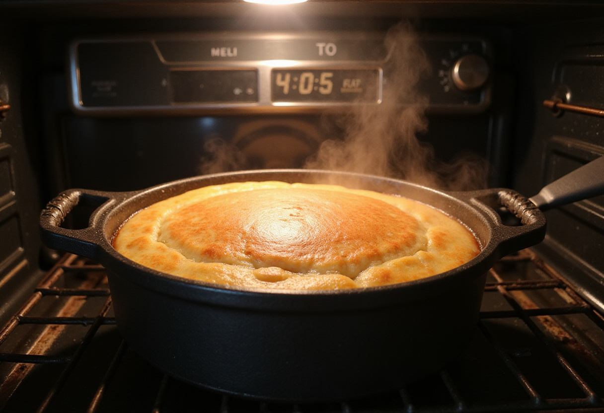 Freshly baked Protein Pancake Bowl taken out of the oven, golden brown and delicious, signaling a healthy breakfast ready to be enjoyed.