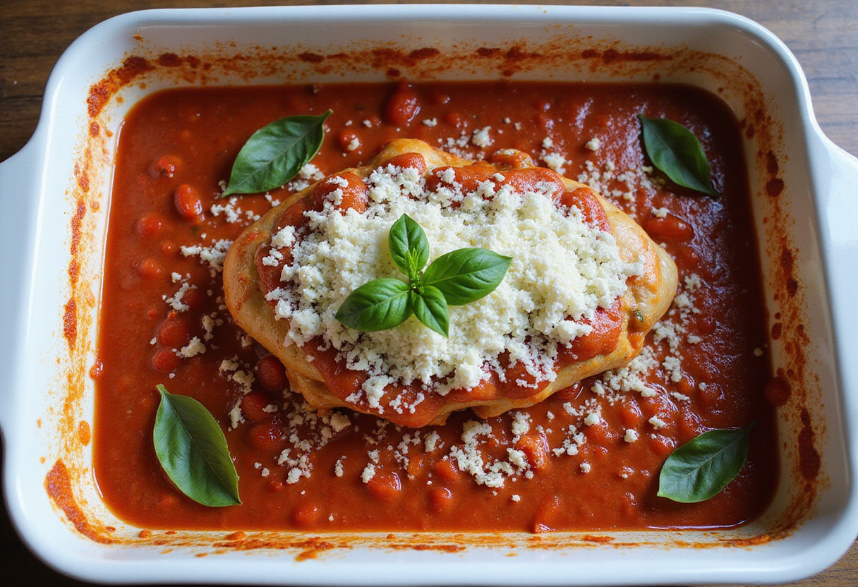 Arranging flavorful ingredients for Baked Ricotta Chicken, showcasing tomato sauce and cheese for a delightful Italian dish.