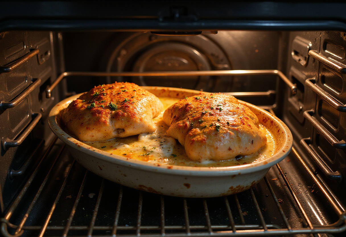 Baked Ricotta Chicken cooking in the oven, achieving a perfect golden brown and bubbly texture for a mouthwatering meal.