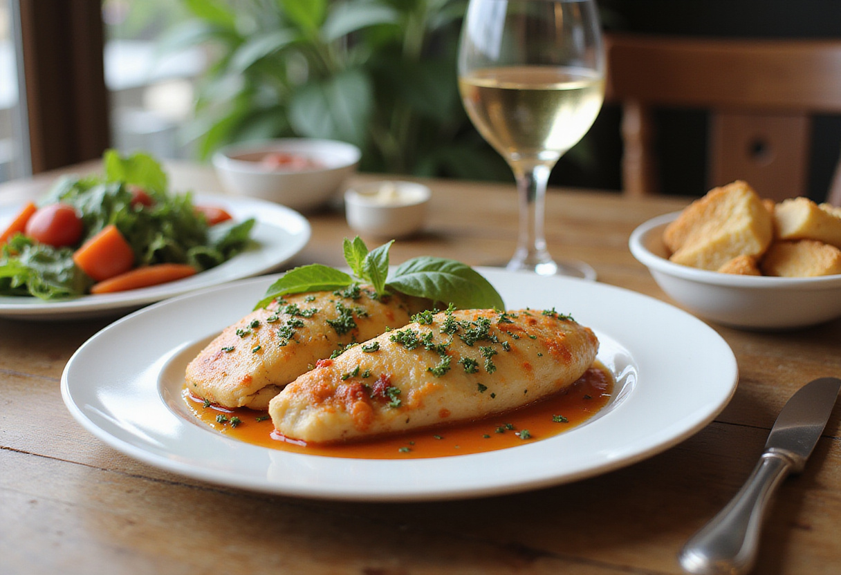 Beautifully plated Baked Ricotta Chicken, garnished for presentation alongside a fresh salad, perfect for a gourmet dining experience.