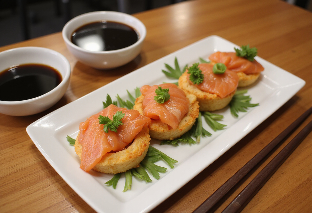 Delicious Baked Salmon Sushi Cups served on a plate, showcasing a vibrant and appetizing sushi dish ready to be enjoyed with dipping sauces.