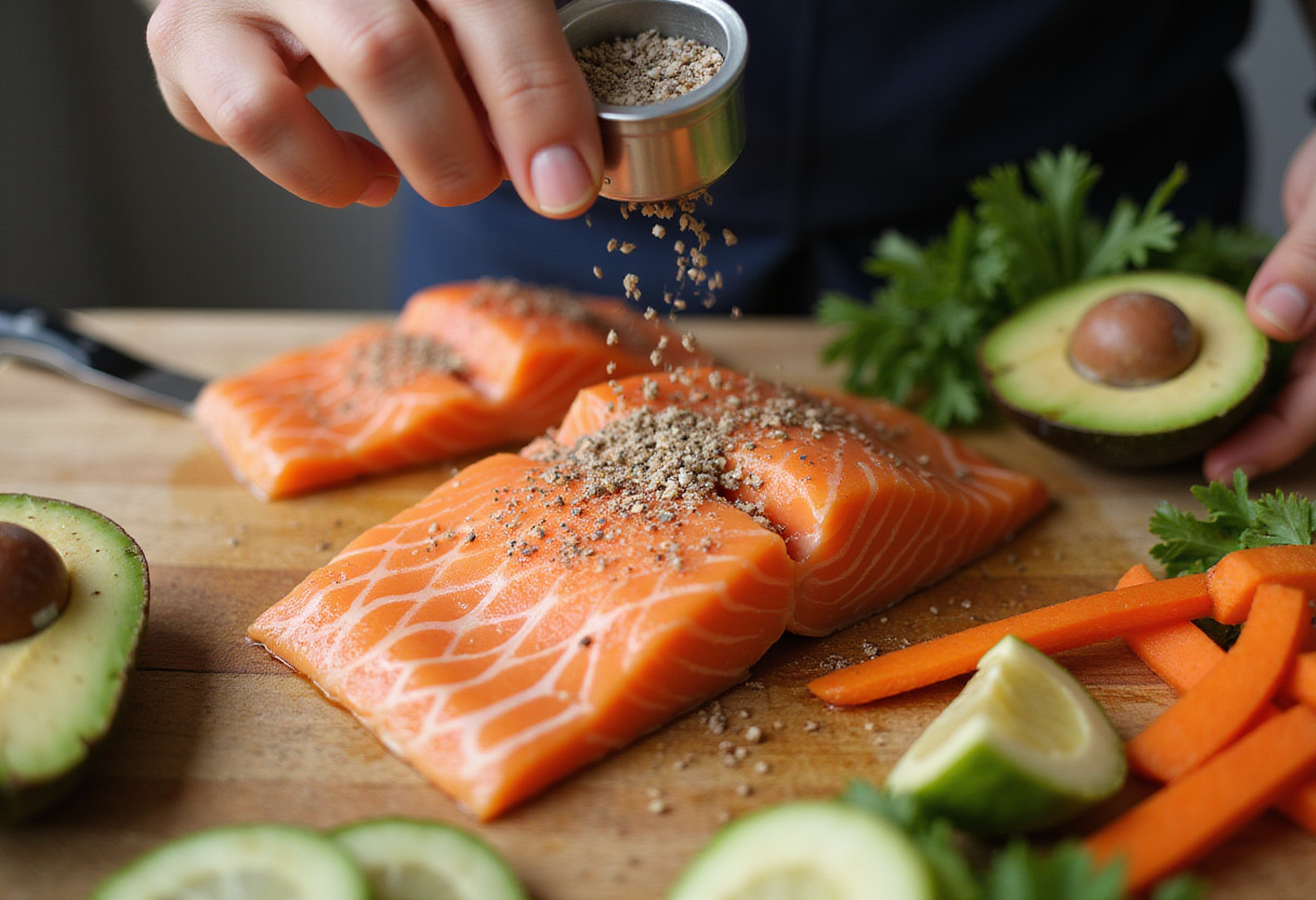 Fresh salmon fillets seasoned for Baked Salmon Sushi Cups, highlighting the preparation process with vegetables like avocado and cucumber.