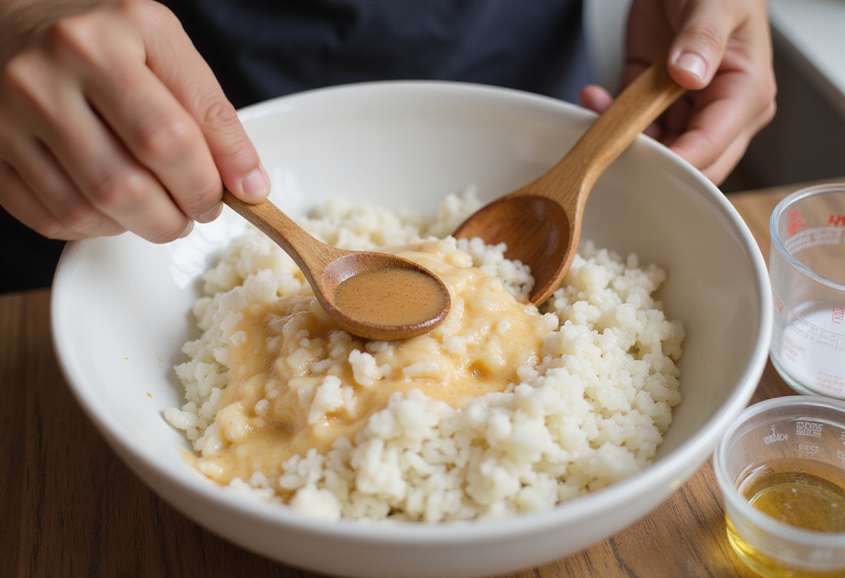 Preparing sushi rice with vinegar for Baked Salmon Sushi Cups, showing the ingredients getting mixed in a bowl for a delicious sushi base.