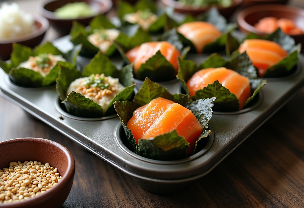 Muffin tin lined with seaweed for Baked Salmon Sushi Cups, ready to be filled with flavorful toppings, showcasing a sushi-making setup.
