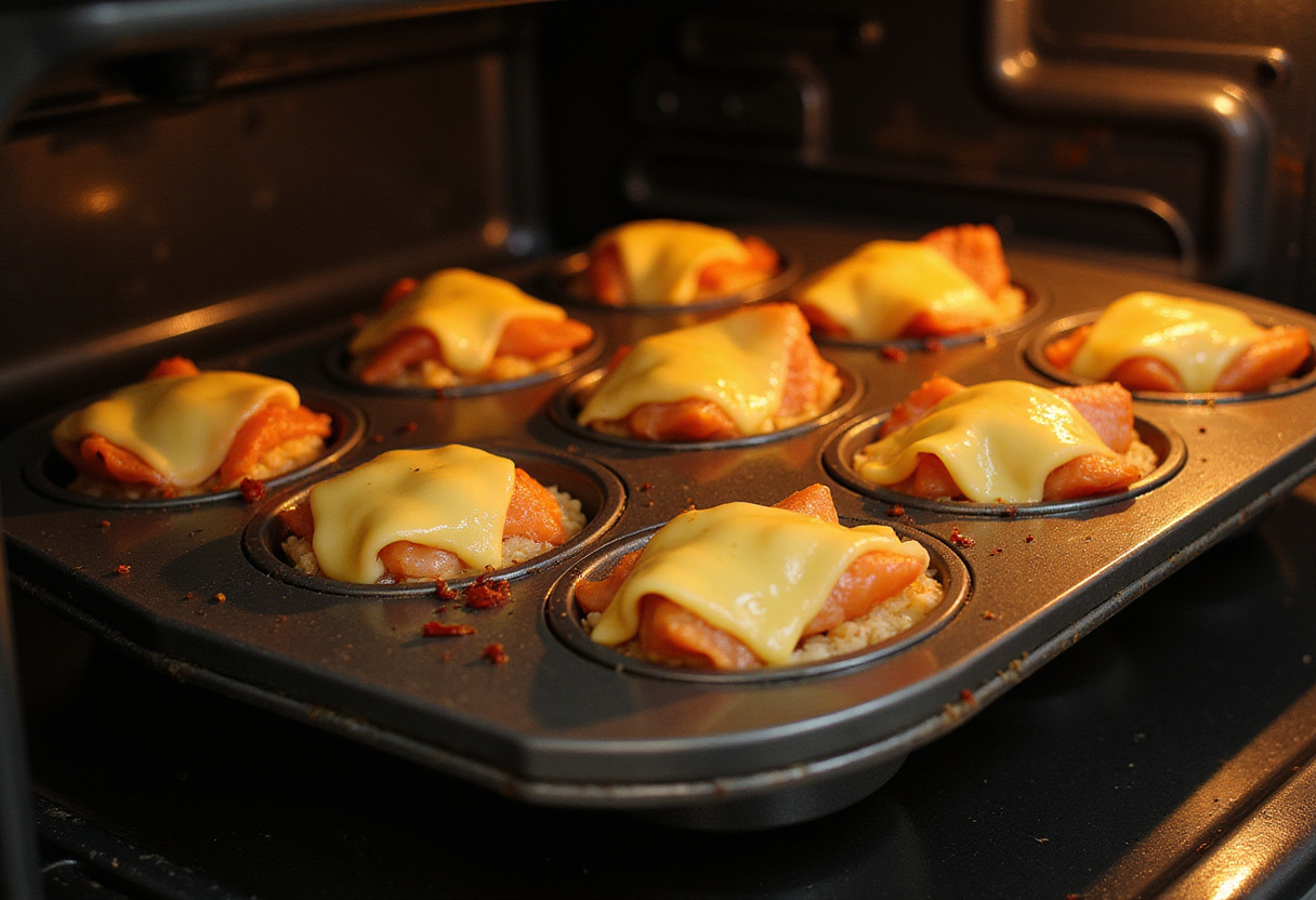 Baked Salmon Sushi Cups in the oven, perfectly cooked with a golden-brown top, illustrating the final baking stage of this unique sushi dish.